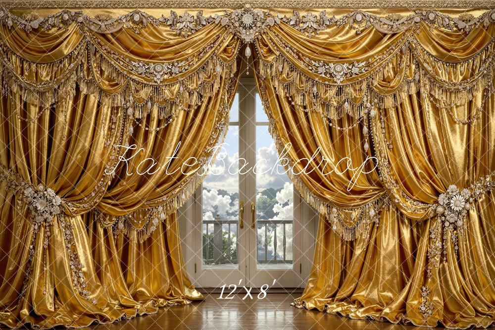 Kate Gold Ornate Curtains French Doors Printed Backdrop Designed by Mini MakeBelieve