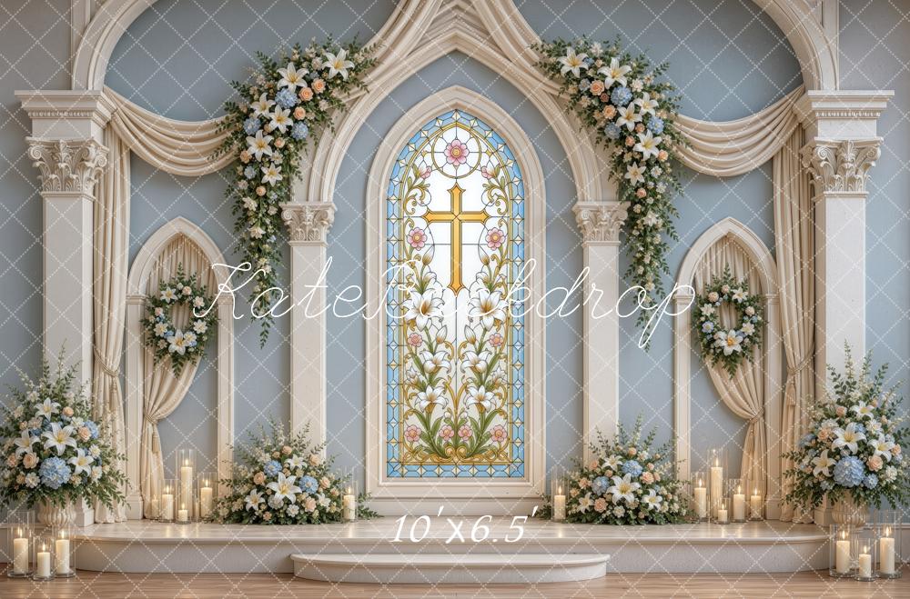 Kate Christian Church Sanctuary Stained Glass Cross Floral Printed Backdrop Designed by Ashley Ward