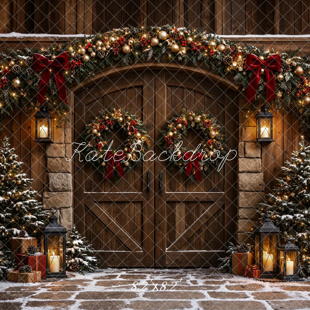 Kate Christmas Rustic Cabin Door Garland Printed Backdrop Designed by Emetselch