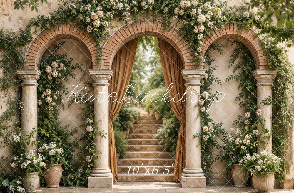Kate Spring Vintage Roman Arch Garden Columns Stairs Flower Beige Printed Backdrop Designed by Emetselch