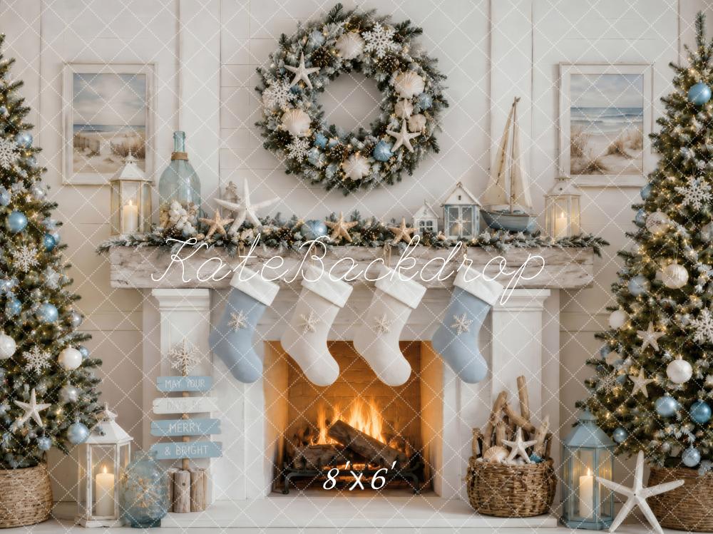 Kate Christmas Coastal Fireplace Stockings Blue Wreath Seashell Printed Backdrop Designed by Vertigo Productions