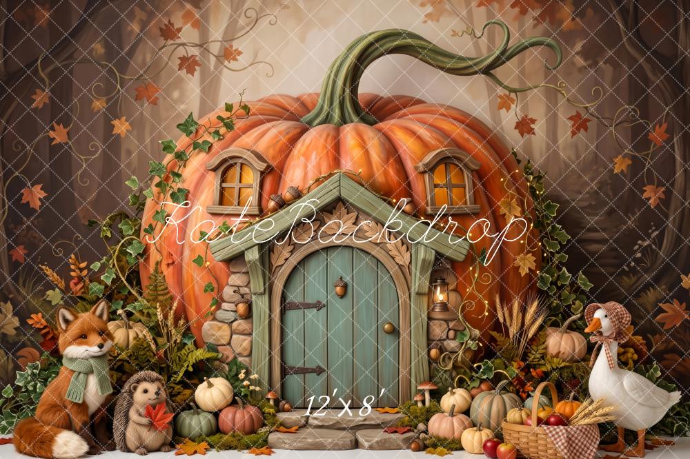 Kate Fall Pumpkin Cottage Woodland Animals Printed Backdrop Designed by Patty Roberts