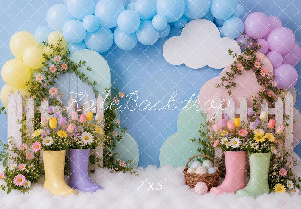 Kate Easter Rain Boots Floral Balloon Arch Picket Fence Printed Backdrop Designed by Ashley Ward
