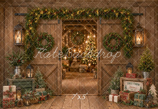 Kate Christmas Rustic Barn Door Garland Wreath Trees Printed Backdrop Designed by Emetselch