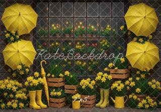 Kate Spring Yellow Umbrellas Rain Boots Daffodils Window Printed Backdrop Designed by Mini MakeBelieve