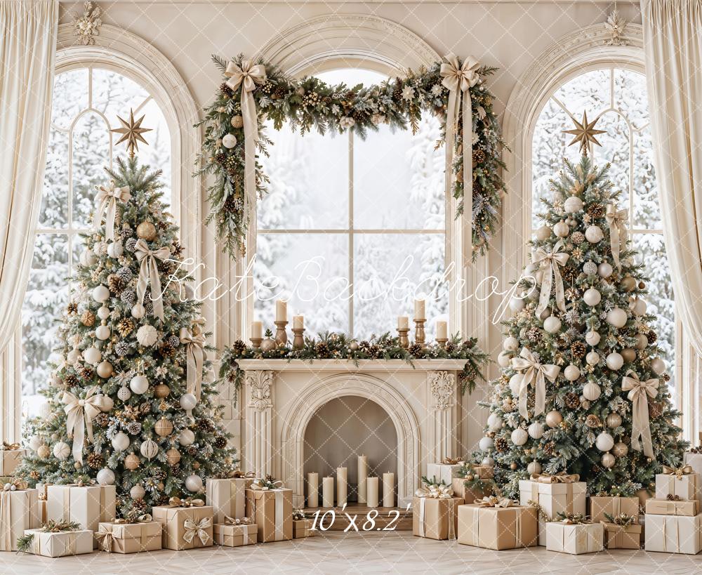 Kate Christmas Trees Fireplace Arched Windows White Curtains Printed Backdrop Designed by Emetselch