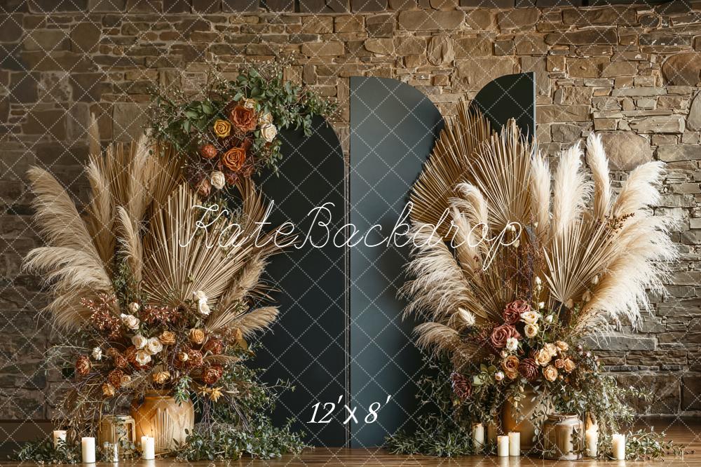 Kate Mother's Day Boho Pampas Grass Dried Flowers Stone Wall Backdrop Designed by Emetselch