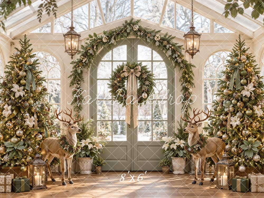 Kate Christmas Greenhouse Arch Garland Deer Christmas Trees Printed Backdrop Designed by Emetselch