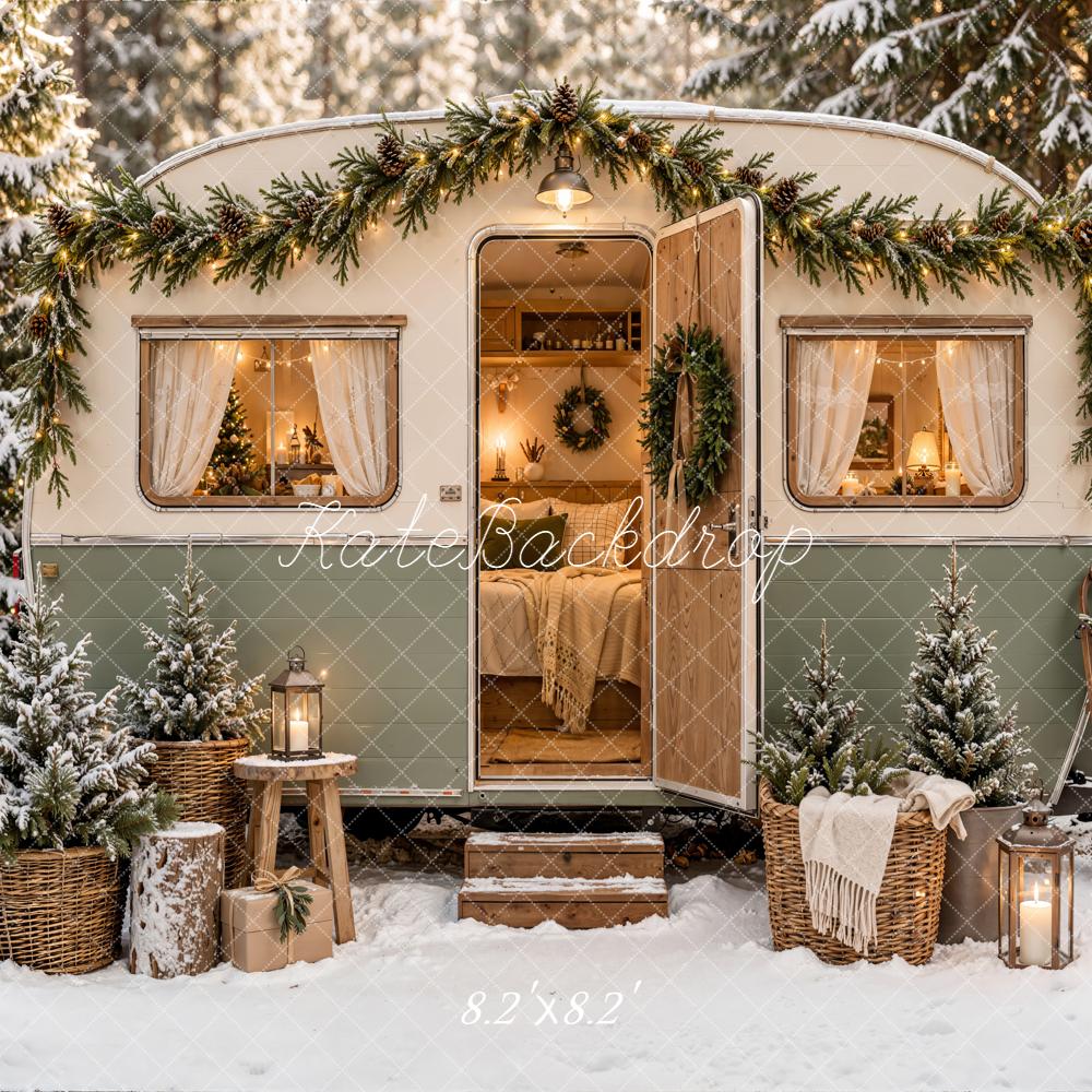 Kate Christmas Camper Rustic Snowy Trees Basket Forest Printed Backdrop Designed by Emetselch