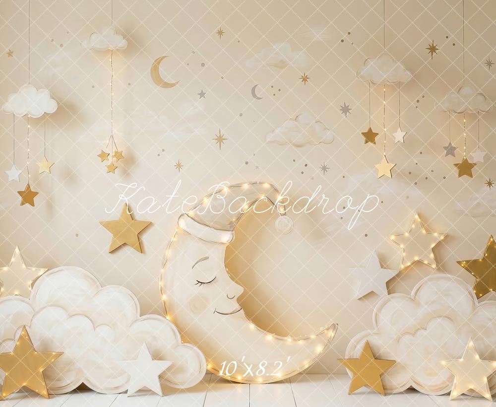 Kate Cake Smash Crescent Moon Clouds Gold Stars Printed Backdrop Designed by Patty Roberts