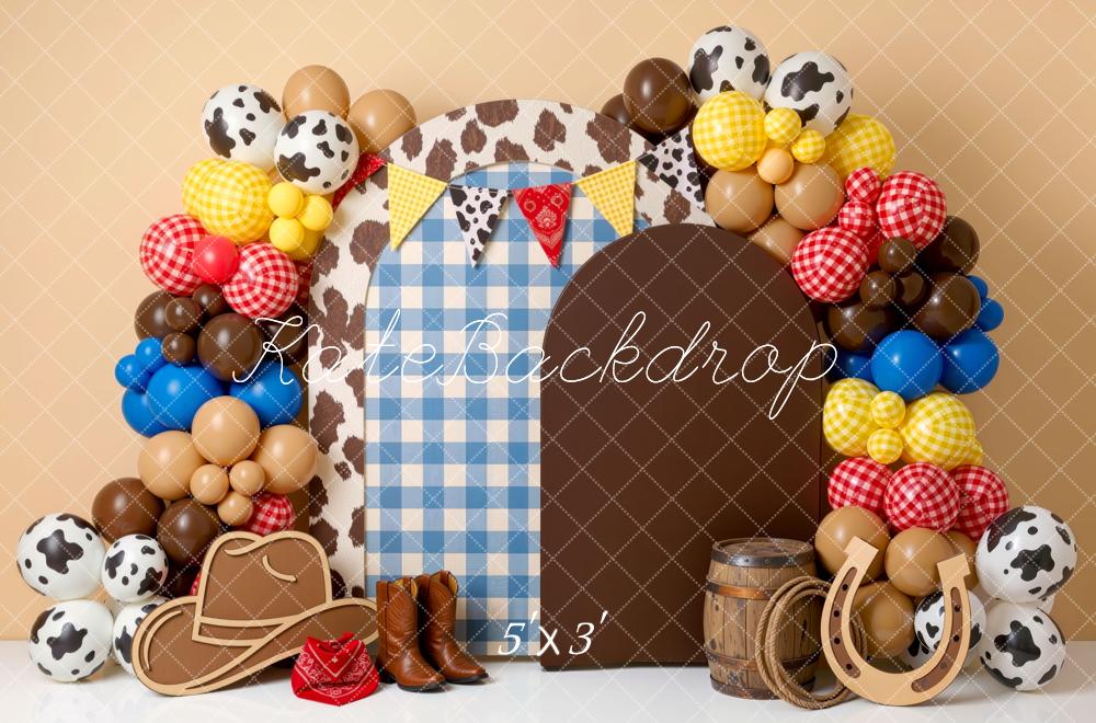 Kate Cake Smash Western Cowboy Cowhide Balloon Arch Brown Printed Backdrop Designed by Mini MakeBelieve