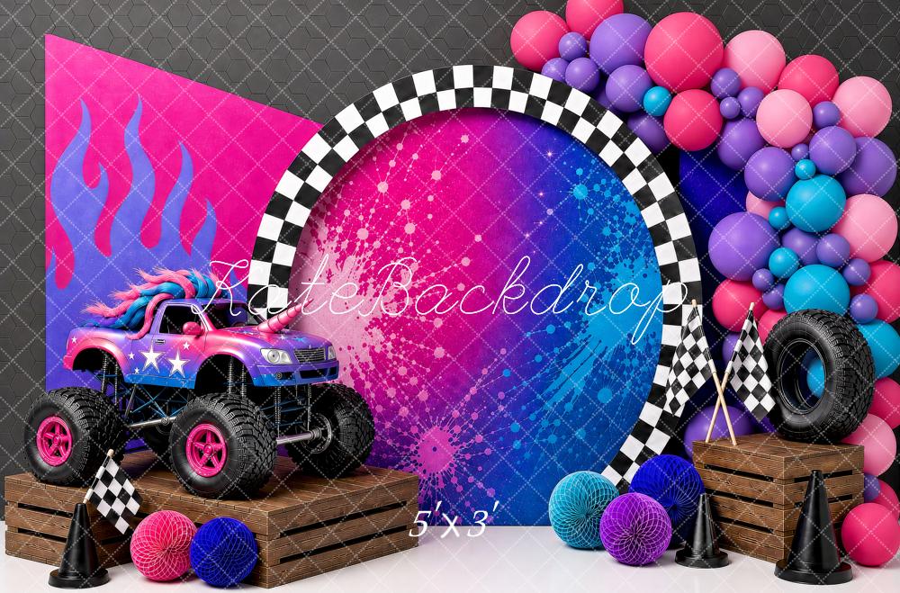 Kate Birthday Truck Racing Checkered Flags Balloons Printed Backdrop Designed by Shutter Swan Studios