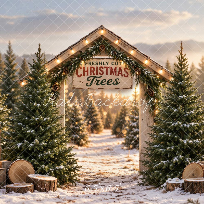 Kate Christmas Snowy Tree Farm Arch Rustic Wood Printed Backdrop Desig