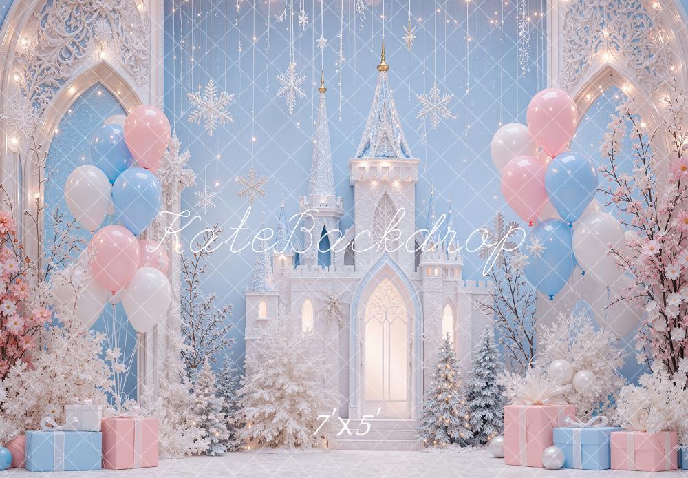 Kate Christmas Wonderland Blue Castle Snowflakes Balloons Printed Backdrop Designed by Shutter Swan Studios