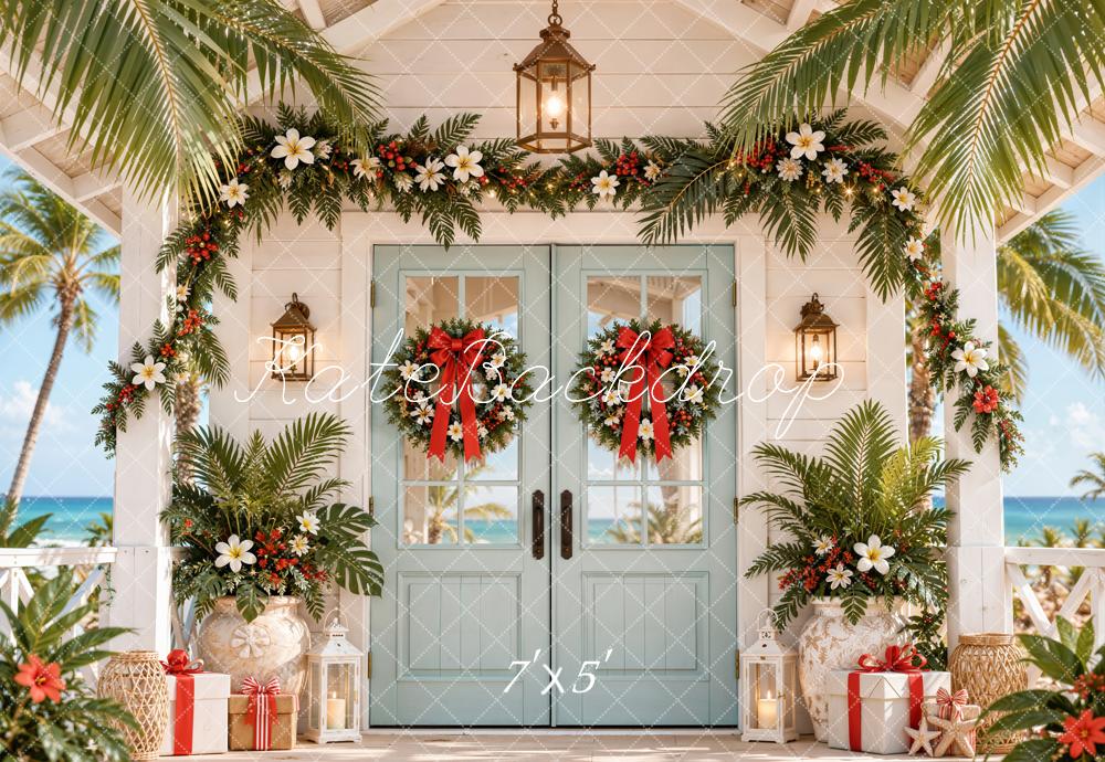 Kate Christmas Tropical Floral Doorway Palm Leaves Printed Backdrop Designed by Emetselch