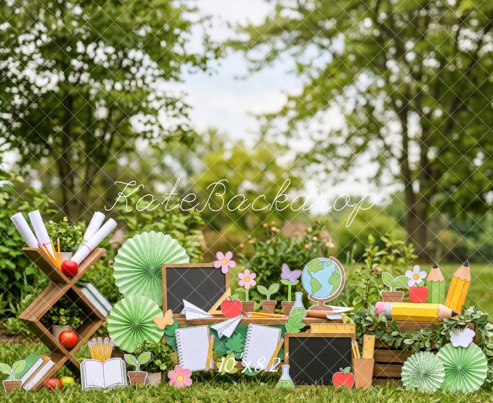 Kate Back to School Garden Chalkboard Books Pencils Globe Printed Backdrop Designed by Patty Roberts
