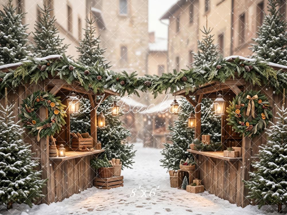 Kate Christmas Snowy Evergreen Market Street Snow Printed Backdrop Designed by Patty Roberts