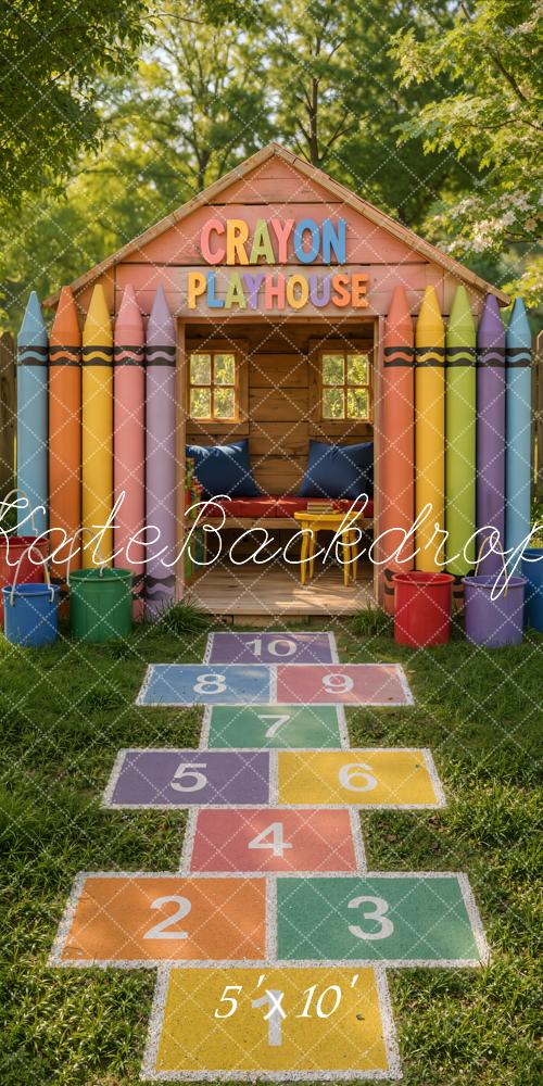 Kate Sweep School Kids Colorful Crayon Playhouse Hopscotch Printed Backdrop Designed by Emetselch