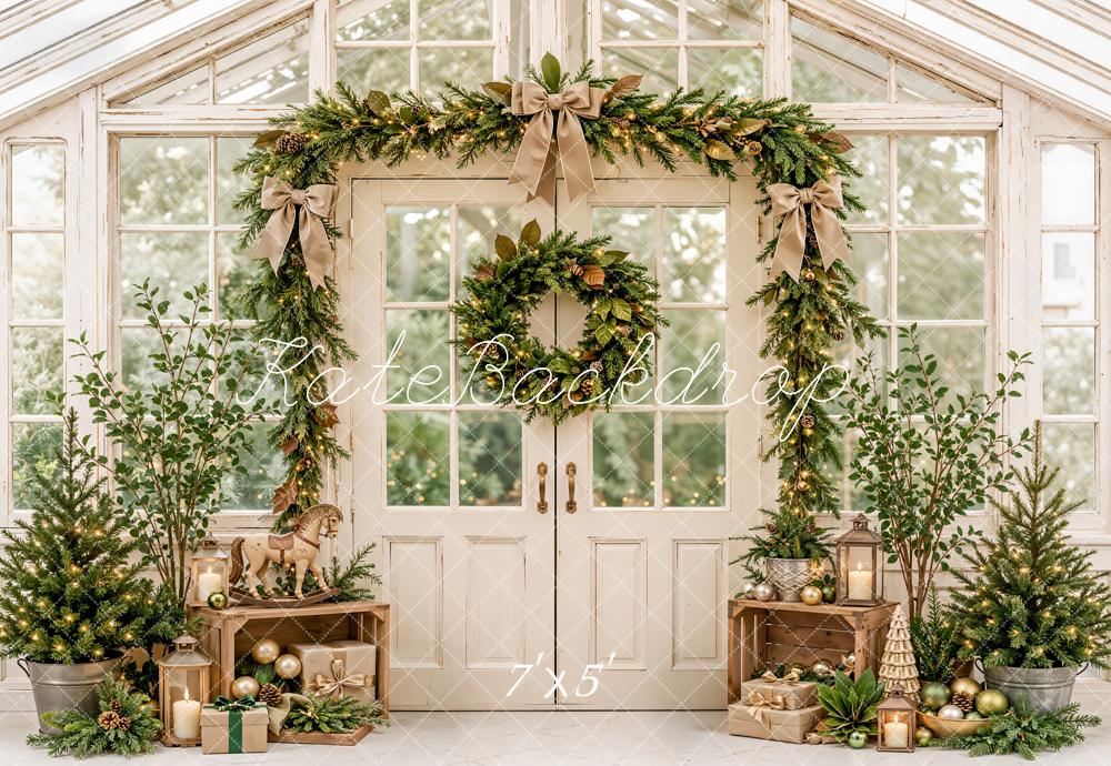 Kate Christmas Greenhouse Door Garland Evergreen Wreath Rustic Printed Backdrop Designed by Emetselch
