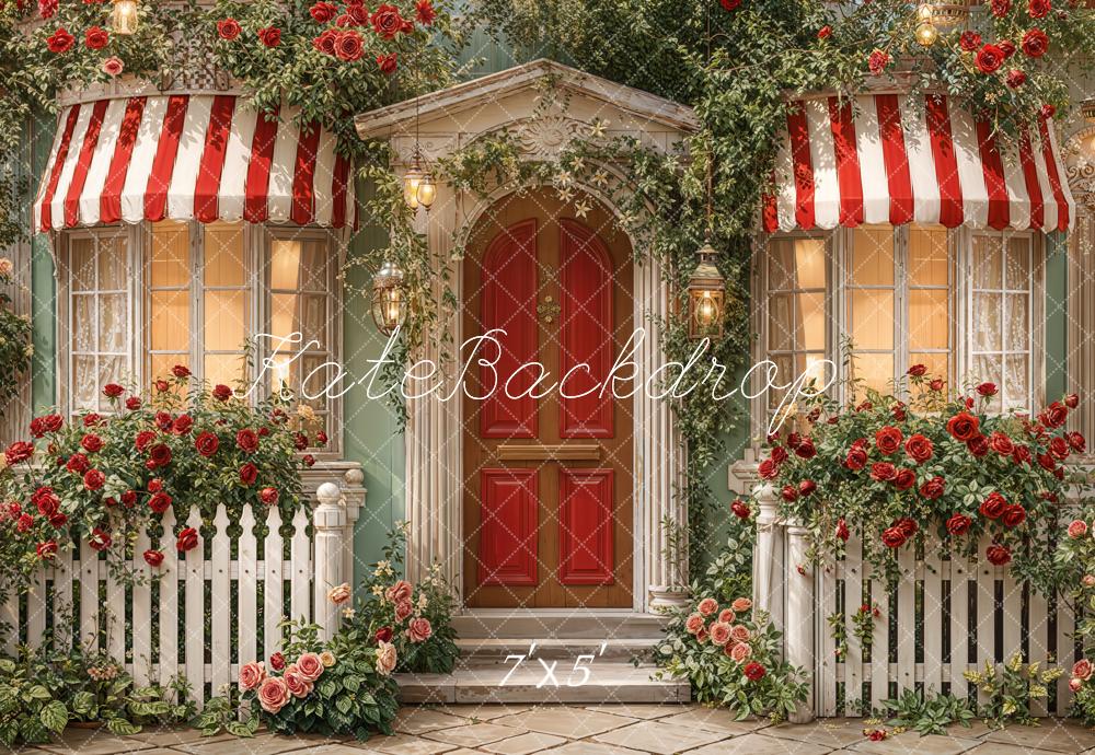 Kate Valentine's Day Red Striped Awning Door Rose Garden Porch Backdrop Designed by Emetselch