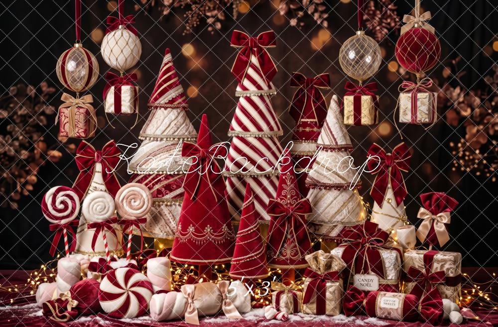 Kate Christmas Candy Cane Trees Red Velvet Ornaments Gifts Printed Backdrop Designed by Patty Roberts