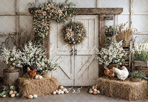 Kate Easter Rustic Barn Flowers Hay Eggs Printed Backdrop Designed by Emetselch