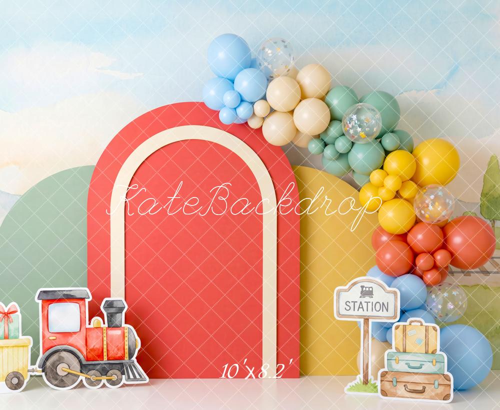 Kate Cake Smash Train Red Arch Balloons Station Pastel Landscape Printed Backdrop Designed by Patty Roberts