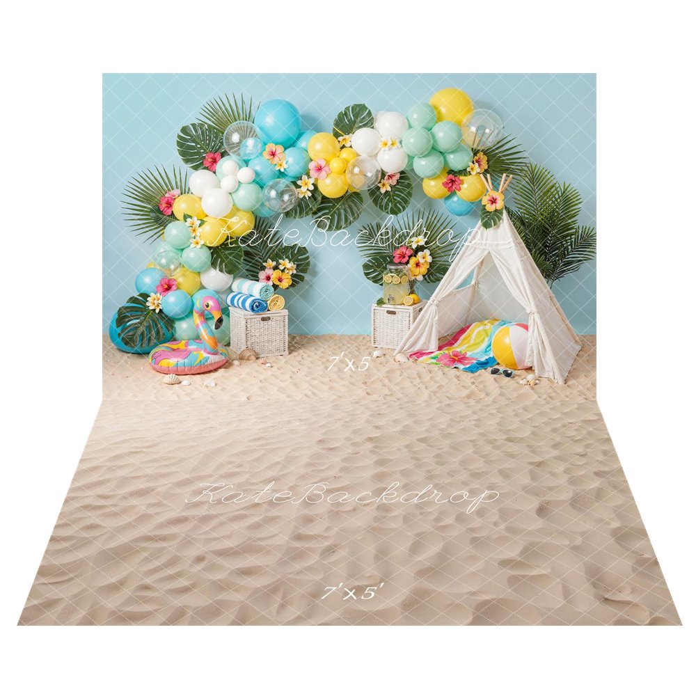 Kate Cake Smash Balloon Arch Flamingo Palm Leaves Tent Beach Scene Backdrop+Beige Sand Texture Backdrop