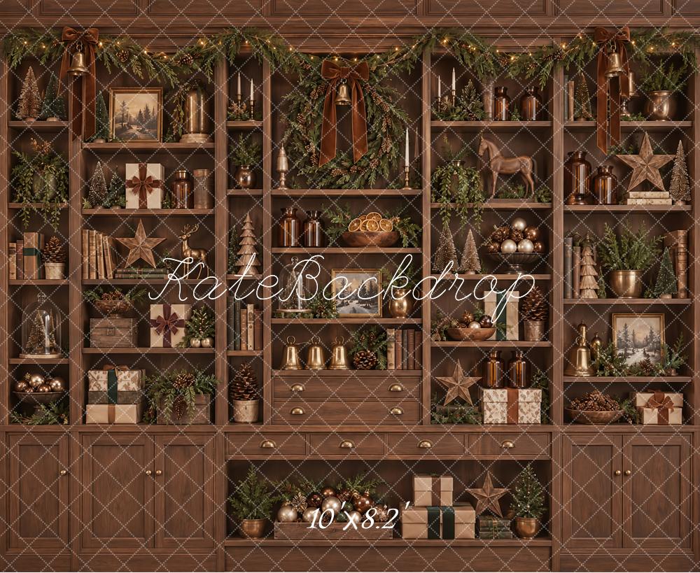 Kate Christmas Brown Cabinet Wreath Garland Shelves Printed Backdrop Designed by Vertigo Productions