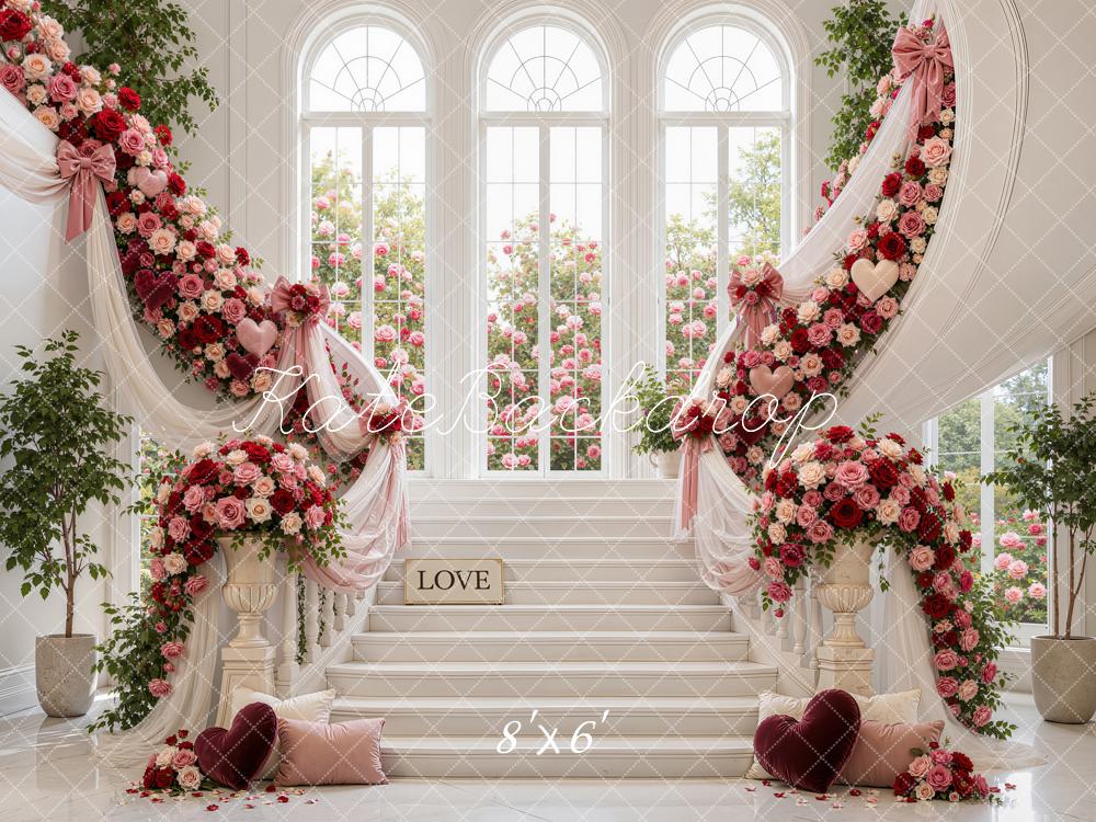 Kate Valentine's Day Cascading Stairs Roses Drapes Arched Windows Printed Backdrop Designed by Emetselch