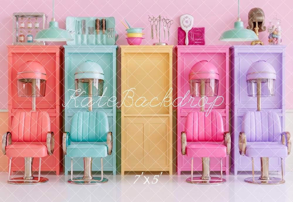 Kate Hair Salon Girls Colorful Beauty Chairs Cabinets Printed Backdrop Designed by Angela Miller