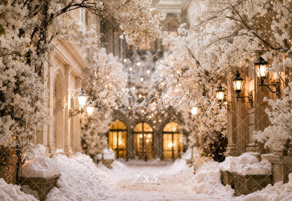 Kate Winter Snowy Cherry Blossom Alley Lanterns Printed Backdrop Designed by Emetselch