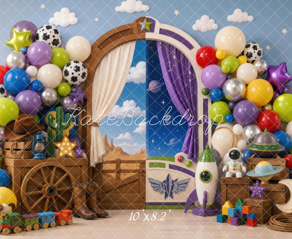 Kate Cake Smash Cowboy And Space Toys Balloon Arch Blue Wall Printed Backdrop Designed by Mini MakeBelieve