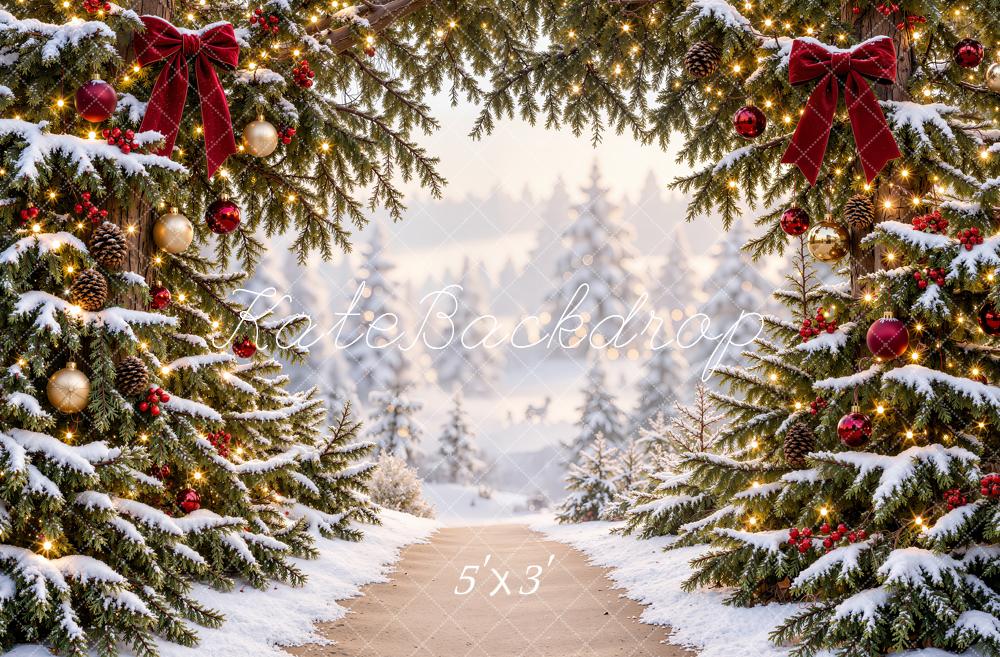 Kate Christmas Trees Snowy Pine Arch Forest Path Printed Backdrop Designed by Emetselch