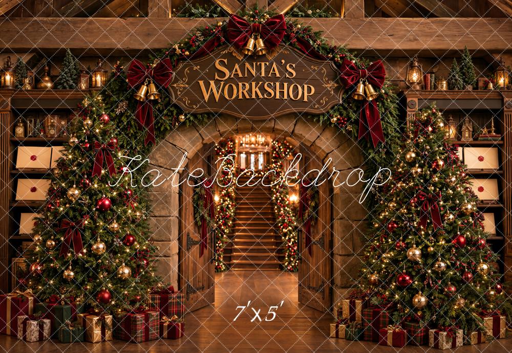 Kate Christmas Santa's Workshop Trees Staircase Gift Printed Backdrop Designed by Emetselch