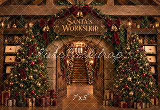 Kate Christmas Santa's Workshop Trees Staircase Gift Printed Backdrop Designed by Emetselch
