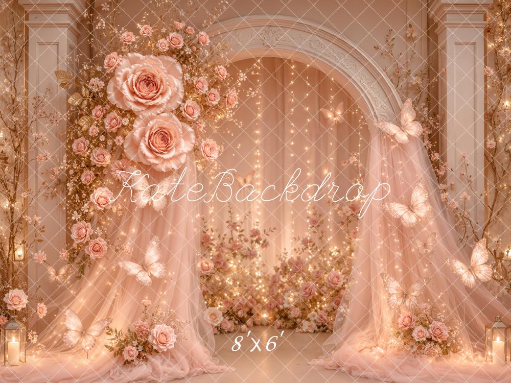 Kate Fairy Rose Arch Pink Drapes Butterflies Lights Printed Backdrop Designed by Emetselch
