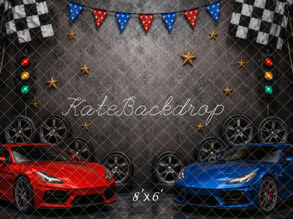 Kate Race Car Checkered Flags Wheels Traffic Lights Stars Printed Backdrop Designed by Vertigo Productions
