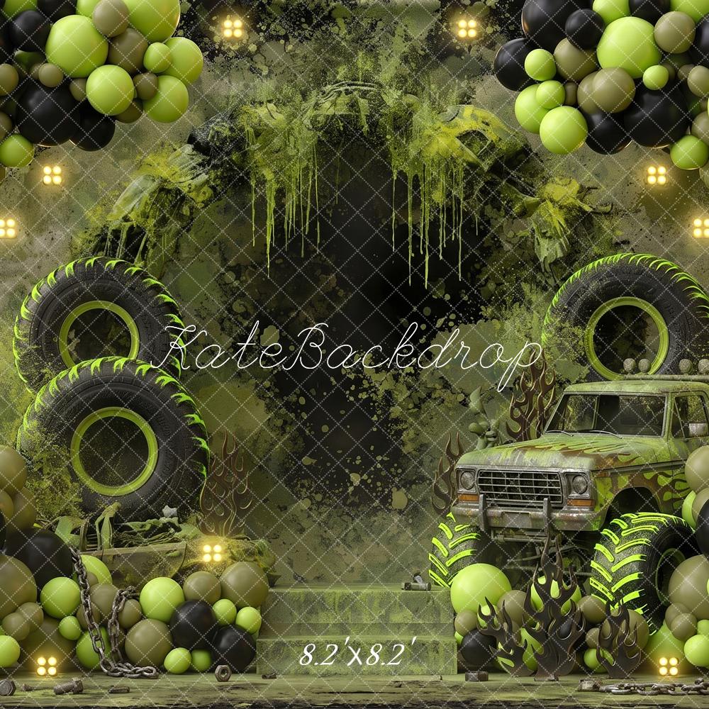 Kate Birthday Monster Truck Balloon Arch Green Black Printed Backdrop Designed by Angela Miller