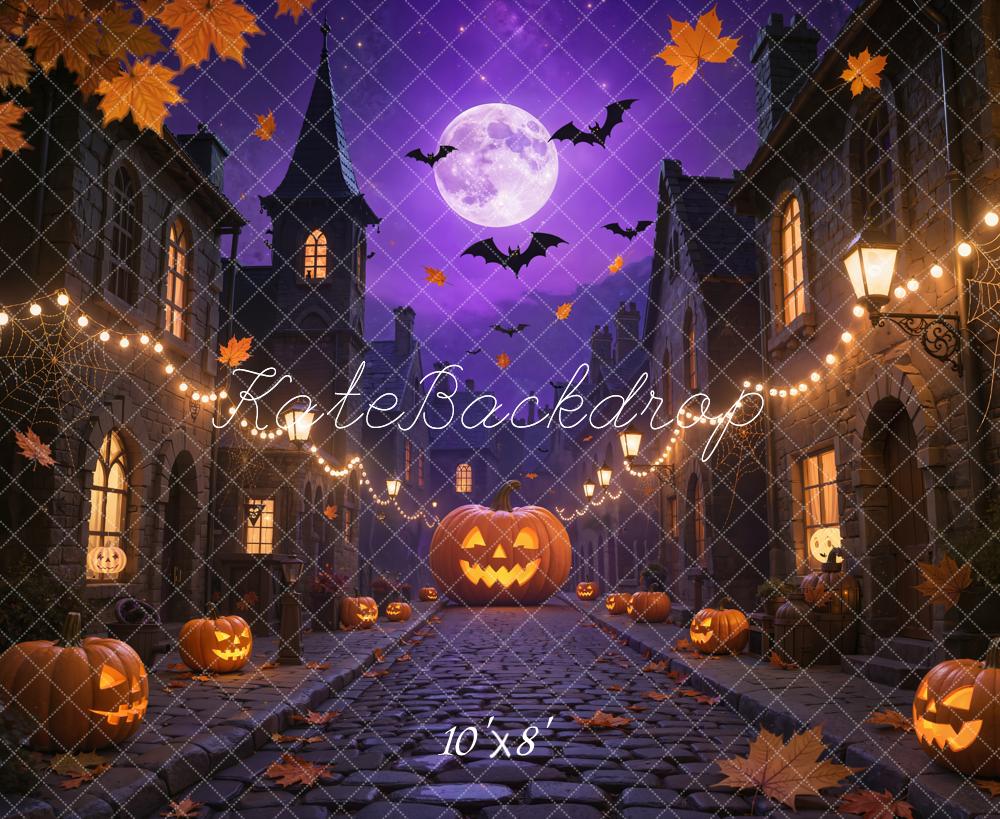 Kate Halloween Night Pumpkin Street Bats Backdrop Designed by Emetselch