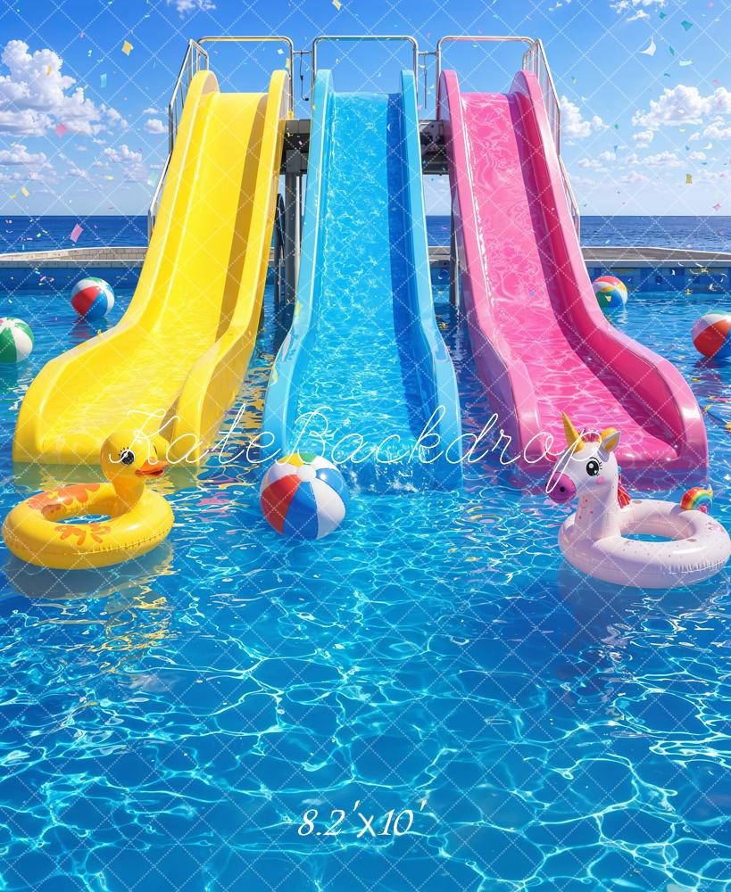 Kate Summer Swimming Pool Water Slides Floats Printed Backdrop Designed by Emetselch