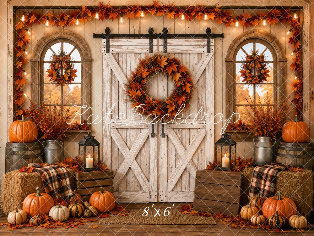 Kate Fall Vintage White Barn Door Pumpkins Wreath Plaid Hay Bales Printed Backdrop Designed by Emetselch
