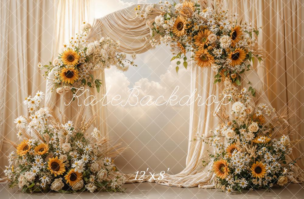 Kate Summer Flower Arch Sunflower Cream Drapes Printed Backdrop Designed by Emetselch
