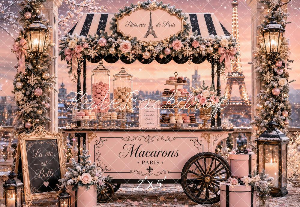 Kate Christmas Pink Paris Macaron Cart Lanterns Printed Backdrop Designed by Ashley Paul