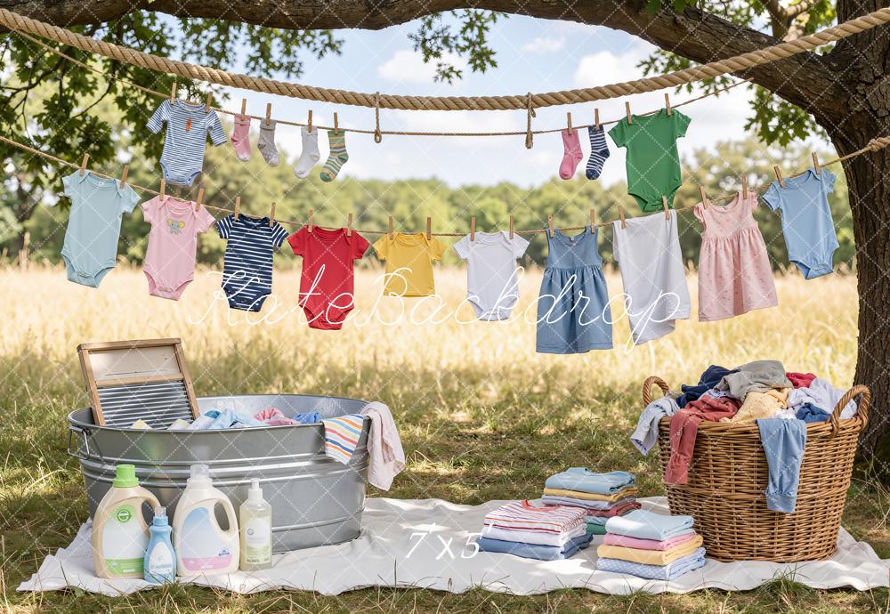 Kate Outdoor Clothesline Baby Laundry Picnic Scene Printed Backdrop Designed by Emetselch