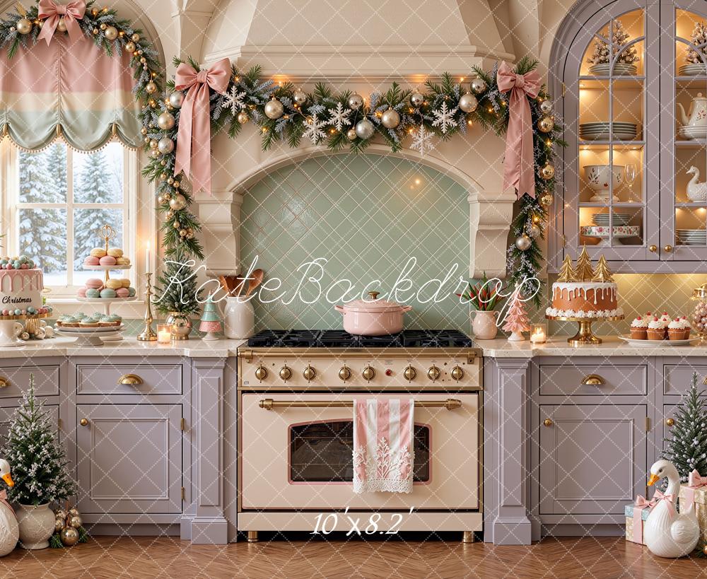 Kate Christmas Pastel Kitchen Garland Stove Baking Purple Printed Backdrop Designed by Shutter Swan Studios