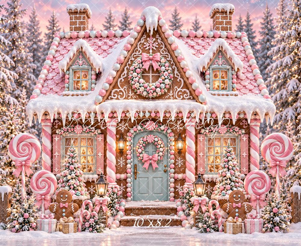 Kate Christmas Pink Gingerbread House Candy Cane Snowy Printed Backdrop Designed by Ashley Paul