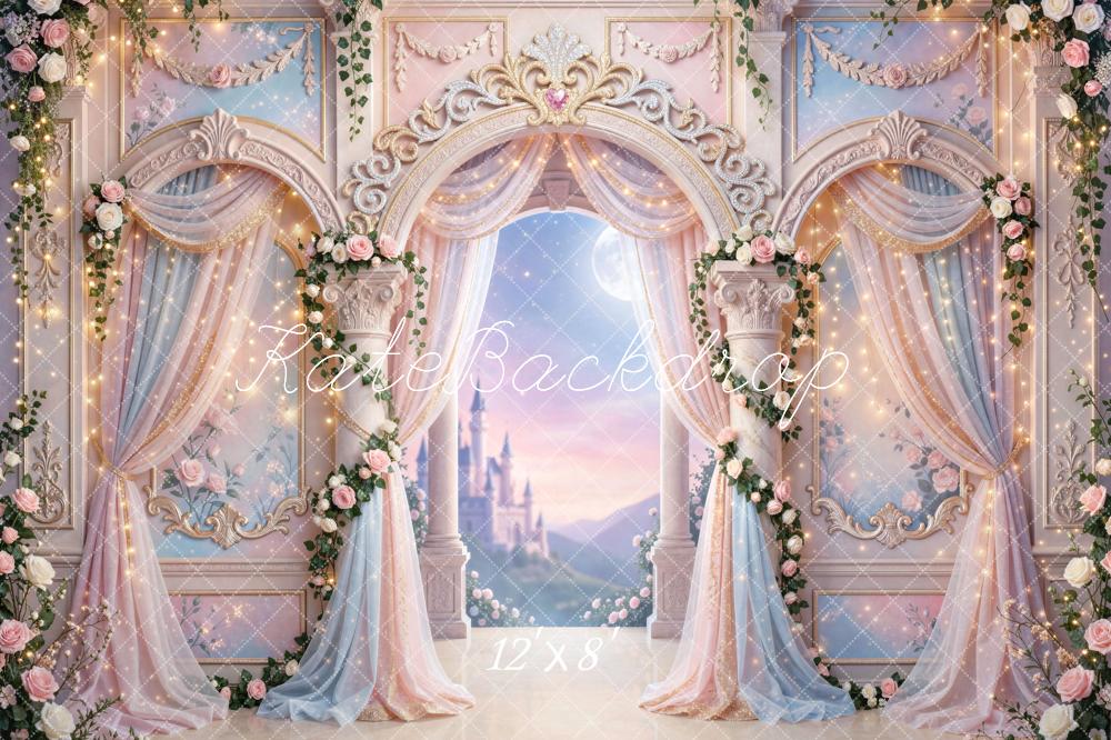 Kate Fairy Fantasy Pink Castle Rose Arch Printed Backdrop Designed by Mini MakeBelieve