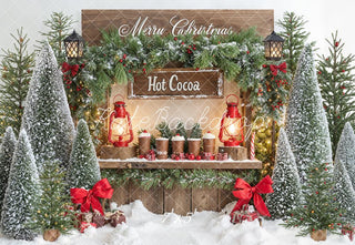 Kate Christmas Hot Cocoa Stand Snowy Pine Trees Lantern Printed Backdrop Designed by Emetselch