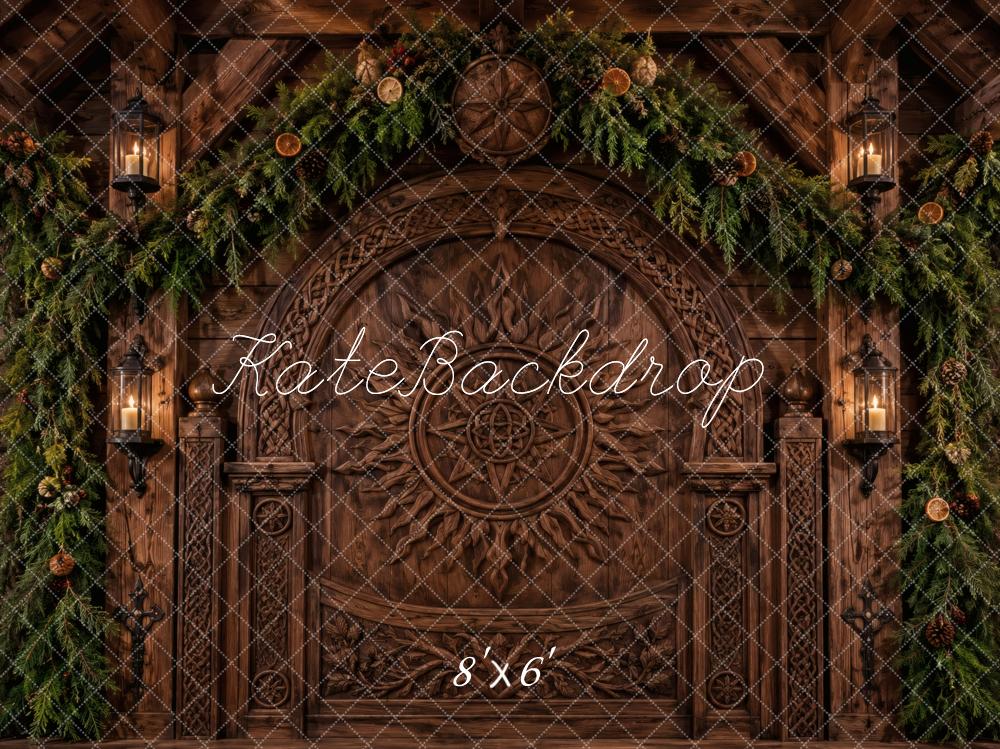 Kate Christmas Celtic Solstice Woodwork Rustic Wooden Door Pine Garland Printed Backdrop Designed by Vertigo Productions